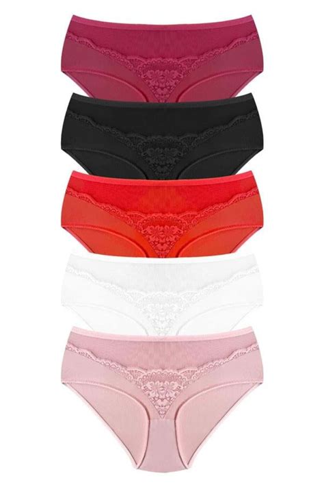 Cottonhill Transparan Tüllü Dantel Detaylı Beli Lastikli Büyük Beden Kadın Bikini Külot 5 li