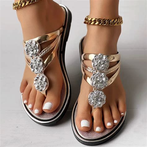 Elegant Rhinestone Embellished Strappy Flat Sandals On Luulla