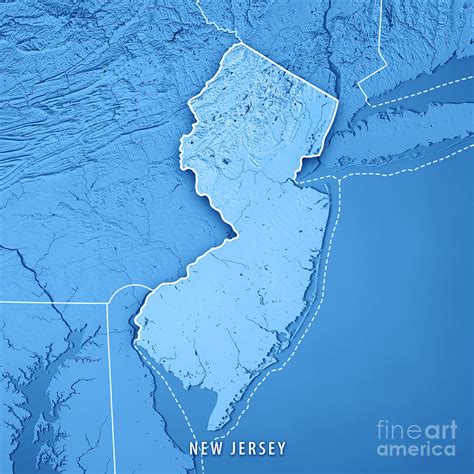 New Jersey State Usa 3d Render Topographic Map Blue Border Digital Art