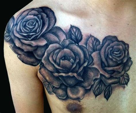 Three Big Roses Detailed Old Style Tattoo On Shoulder And Chest