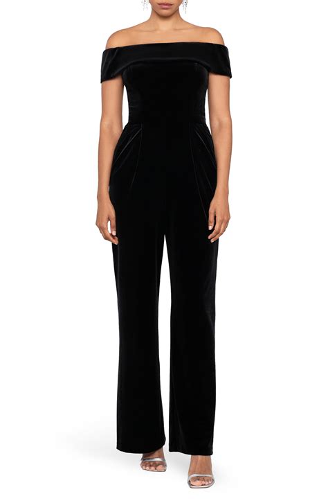 Xscape Off The Shoulder Velvet Jumpsuit In Black Lyst