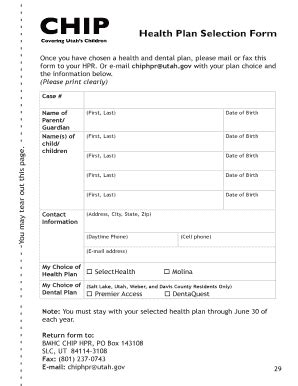 Fillable Online Health Utah Health Plan Selection Form Utah