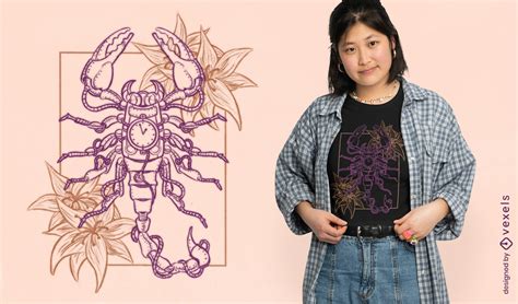 Descarga Vector De Diseño De Camiseta Floral De Escorpión Steampunk