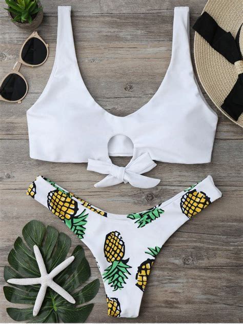 Off Pineapple Print Thong Bottom Bikini Set In White Zaful