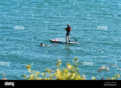 A Man Paddle Boarding With A Swimmer Next To Him On The Blue Sea At