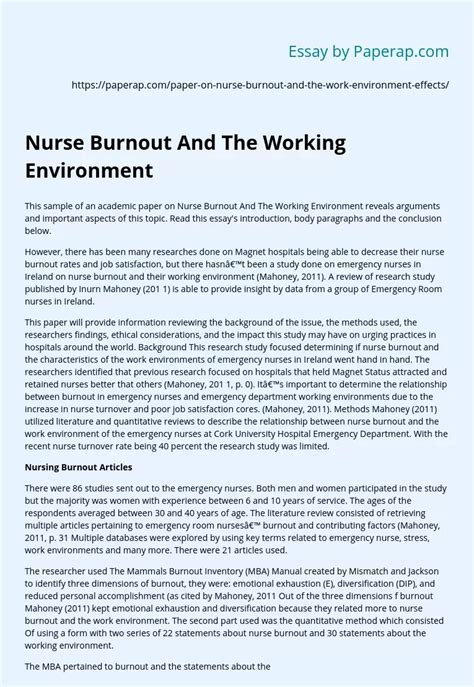 Nurse Burnout And The Working Environment Free Essay Example