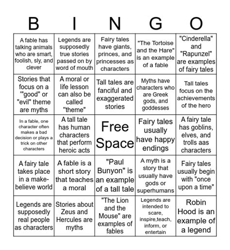 Fables Fairy Tales Tall Tales Legends And Myths Bingo Card