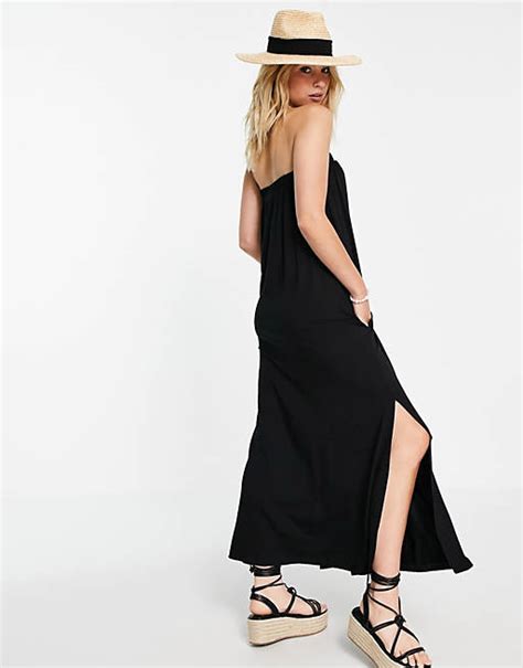 Asos Design Bandeau Maxi Sundress With Pockets In Black Asos