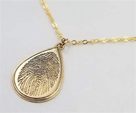 10k Solid Yellow Gold Teardrop Fingerprint Necklace Memorial Gifts