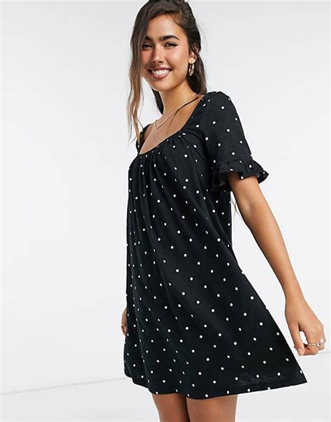 Asos Design Square Neck Mini Smock Dress With Frill Sleeve In Black