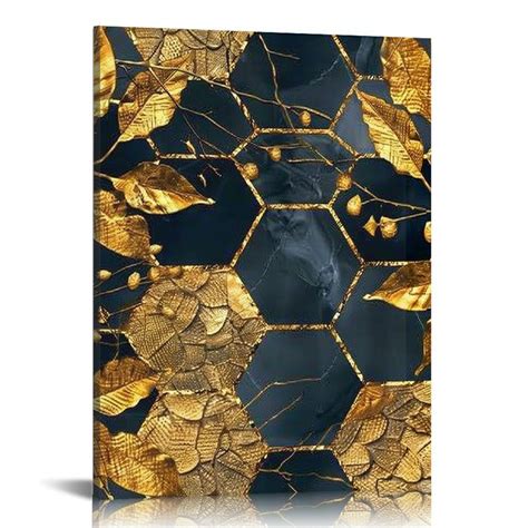 Nawypu Abstract Blue And Gold Canvas Wall Art Abstract Line Painting Gold Leaf Poster Blue