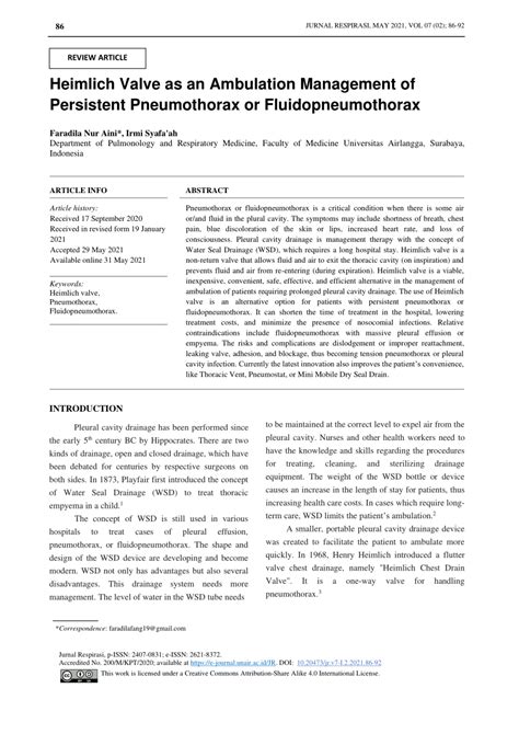 PDF Heimlich Valve As An Ambulation Management Of Persistent