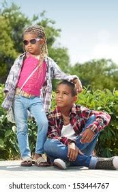 portrait happy children playing outdoors stock photo