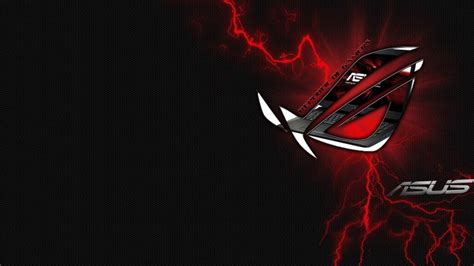 the asus logo on a black background with red and white lightnings around it