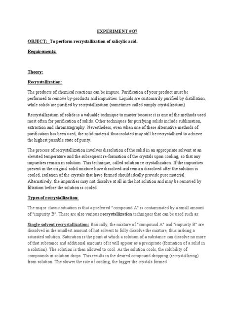 Experiment 07 Object To Perform Recrystallization Of Salicylic Acid