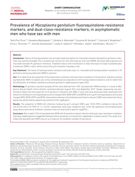 PDF Prevalence Of Mycoplasma Genitalium Fluoroquinolone Resistance