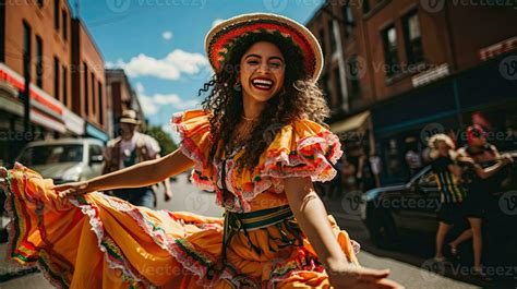 Portrait girl wearing sombrero dancing on the street of city AI ...