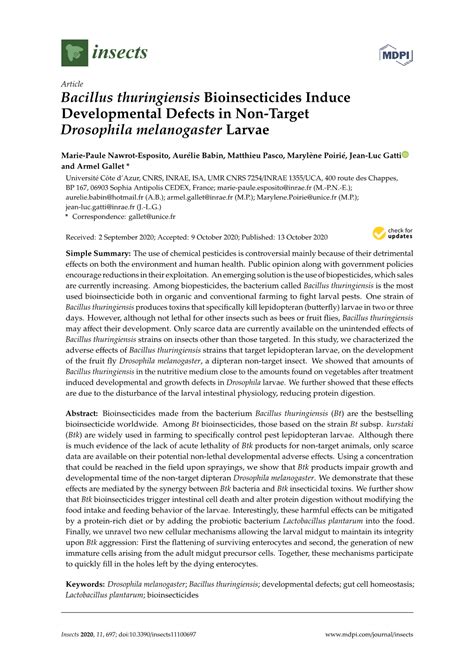 Bacillus Thuringiensis Bioinsecticides Induce Developmental Defects In