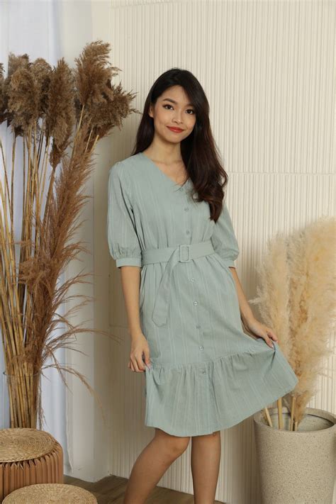 Hazelle Buttoned Down Ruffle Midi Dress In Sage VERITAJOY