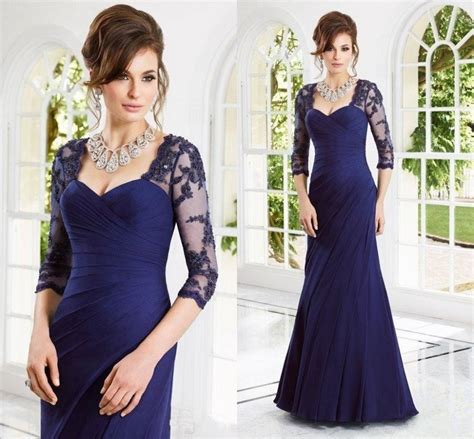 Navy Blue Plus Size Mother Of The Brides Lace Dresses With Long Sleeves