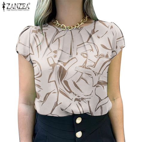 Zanzea Women Vintage Daily Round Neck Pleated Short Sleeved Printed