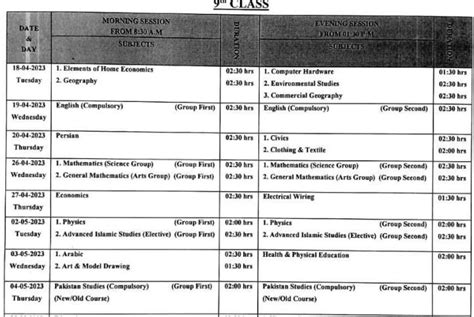 9th Class Date Sheet 2023 Bise Bahawalpur Board Date Sheet