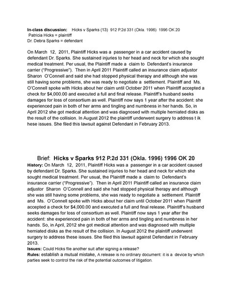 Hicks v Sparks (13) blaw case #3 - In-class discussion: Hicks v Sparks