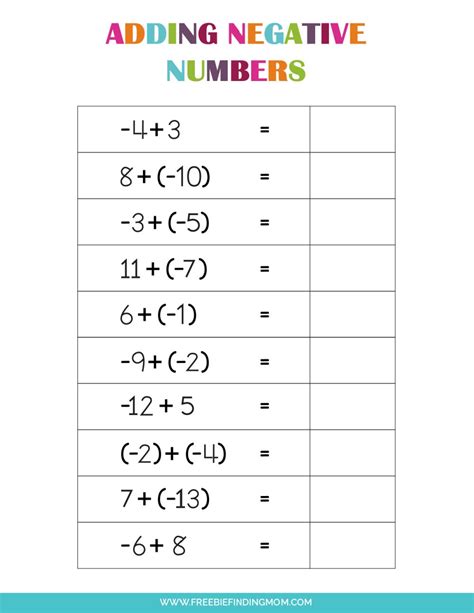 Free Printable Adding And Subtracting Negative Numbers Worksheets