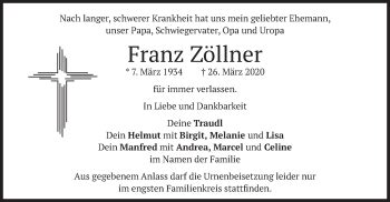 Traueranzeigen von Franz Zöllner trauer merkur de