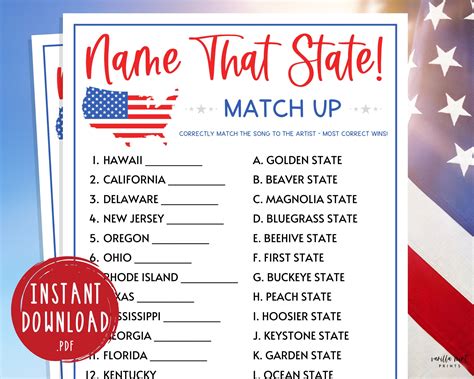 Patriotic name that state nickname match up game printable memorial day ...