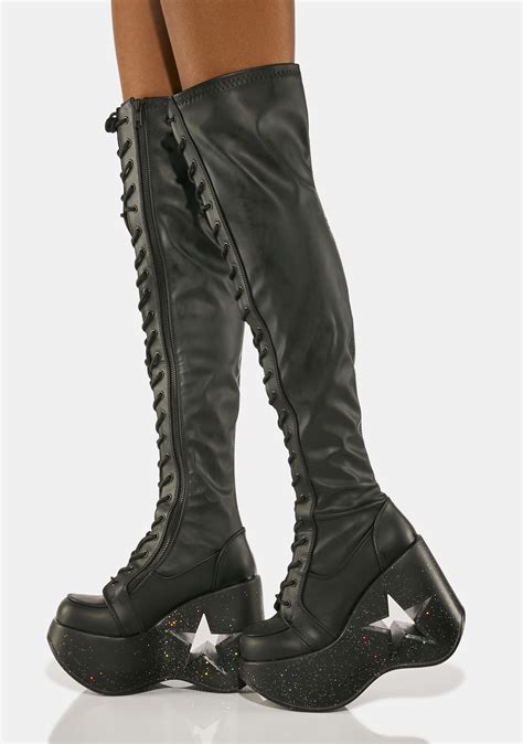 Demonia Star Cut Out Knee High Platform Wedge Boots Black Dolls Kill