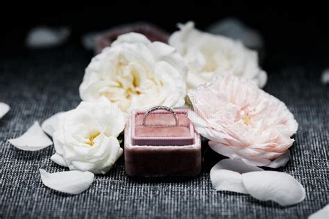 Wedding Rings In A Box On A Background Of Roses Stock Photo Image Of