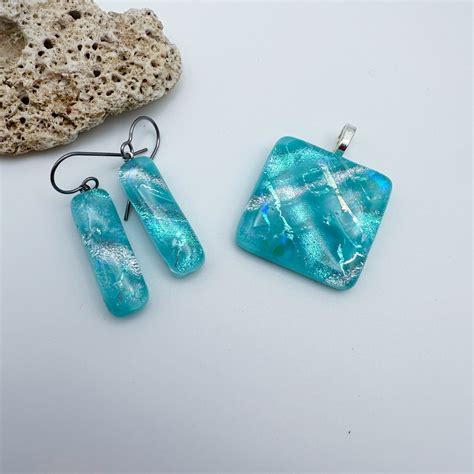 Turquoise Blue Pendant Necklace And Earring Set Aqua Blue Fused Glass