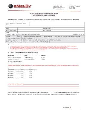 Fillable Online Emendy Co COURSE PAYMENT DEBIT ORDER FORM AUTHORITY