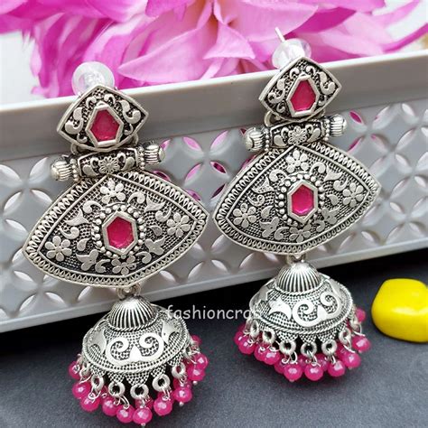 Pink Stone Silver Look Alike Jhumka Fashioncrab