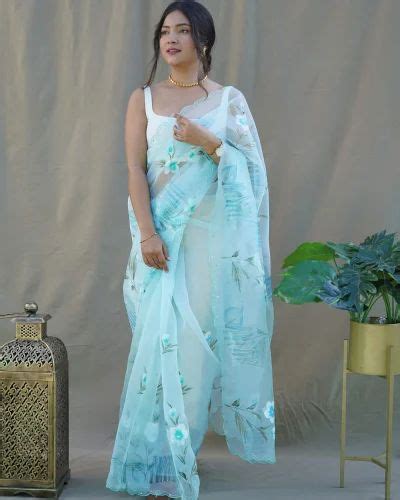 Satin Banglori Fabric Sky Blue Organza Saree Hand Print And Digital