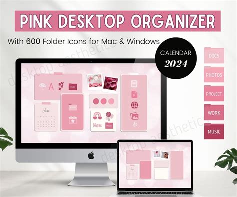 PINK Aesthetic Desktop Organizer With 2024 Calendar and 600 Desktop ...