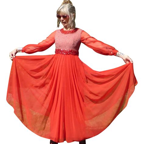 Fire Engine Red Diaphanous Beaded And Embellished Ball Gown C1960s From