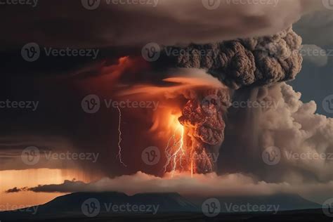 A big volcano erupts with a dark ash cloud in the sky with lightning ...