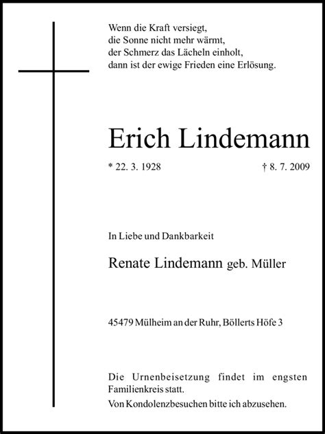 Traueranzeigen Von Erich Lindemann Trauer In NRW De