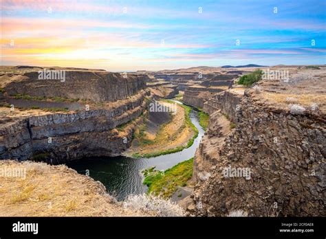 The deep wide canyon gorge of the Palouse River at Palouse Falls State park in Washington state ...