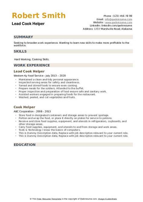 Cook Helper Resume Samples Qwikresume