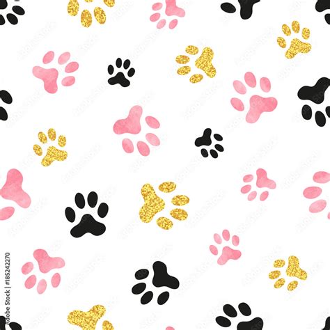 Dog paw print seamless pattern in pink, black and golden colors. Stock ...