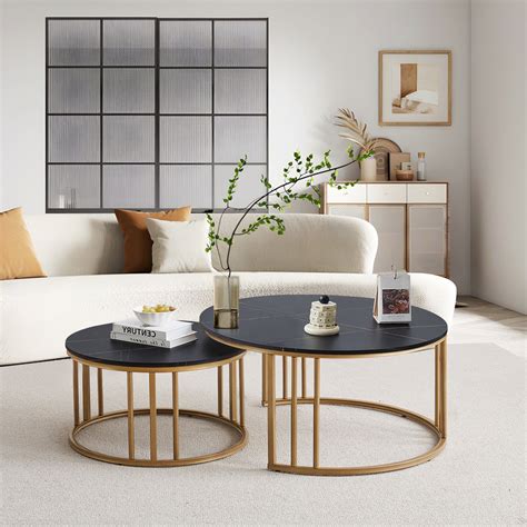 Clipop Modern Marble 2 Piece Round Nesting Coffee Table Set Big Storage Clipop Furniture