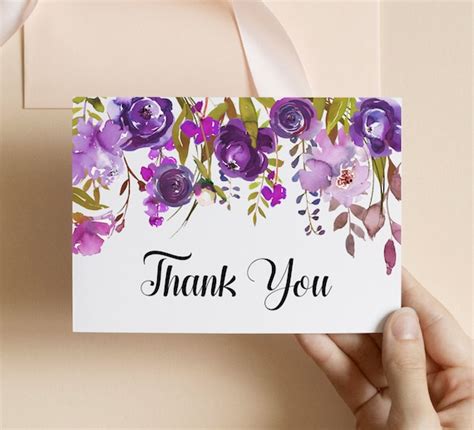 Thank You Card Template Purple Thank You Card Floral Thank You Card Folded Card Note Cards