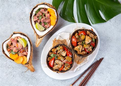 Tahitian hawaiian dishes thuna ceviche salad and pineapple chicken with ...