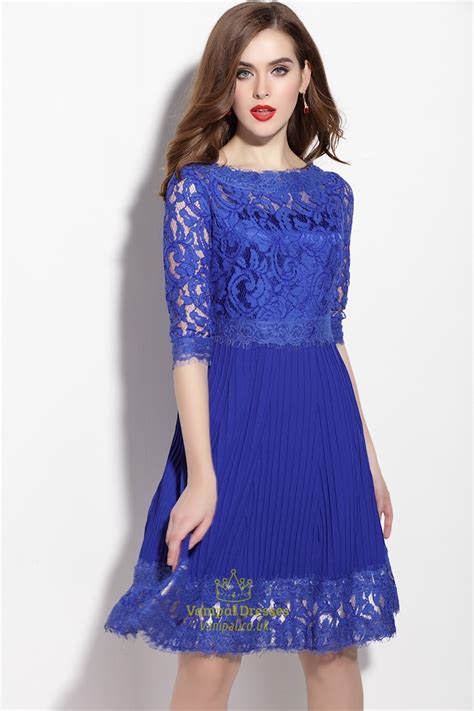 Royal Blue Lace Applique Fit And Flare Dress With 3 4 Sleeves Vampal