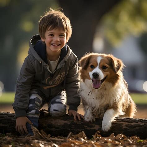 Premium Photo Little Boy With His Companion Pet Dog Sitting In Summer