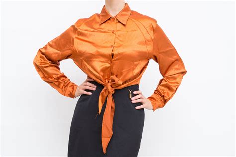 Vintage Copper Shirt Burnt Orange Top Shiny Copper Blouse Long