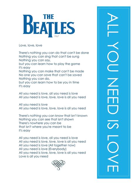 All You Need Is Love Print The Beatles Beatles Lyrics Etsy Beatles Lyrics The Beatles